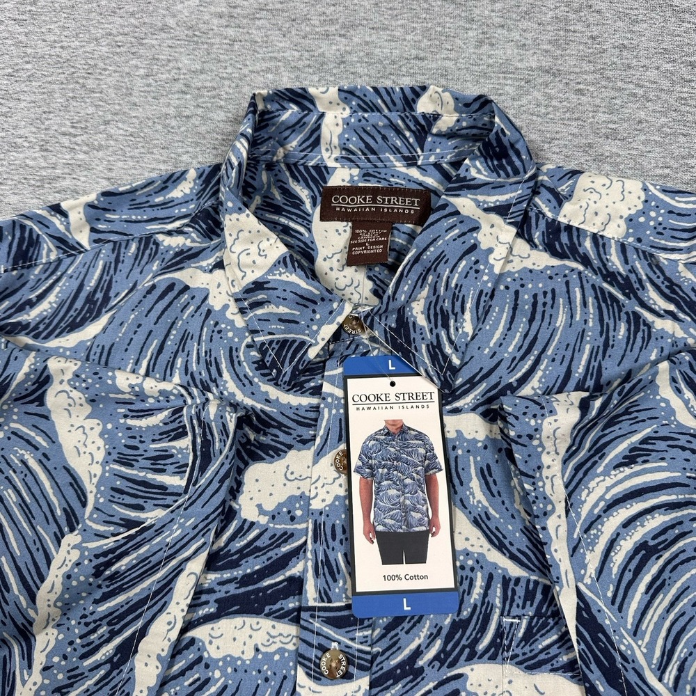 Cooke Street Hawaiian Shirt Mens Large Blue Ocean Waves Button Up Vacation NEW